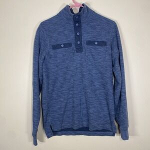 LL Bean Heather Blue Henley Snap Thermal Mens Small Sweater Slightly Fitted